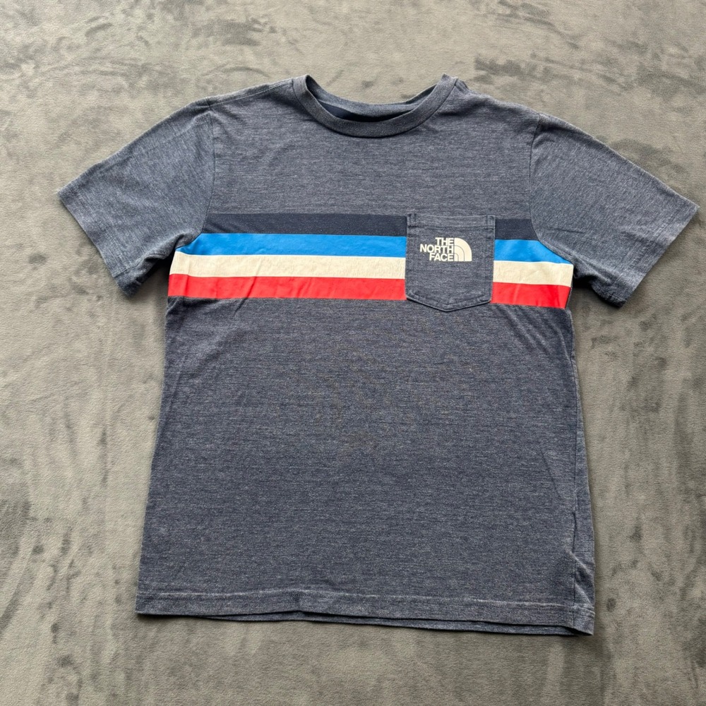 The North Face Boys Blue Striped Pocket T-Shirt Size L 14/16 Crewneck Tee